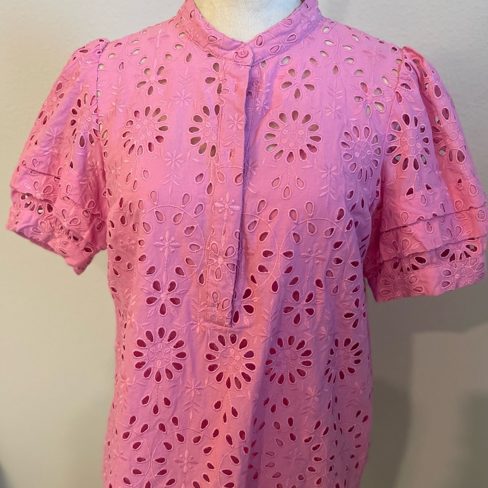 J. Crew Pink Puff Sleeve Ruffled Blouse
